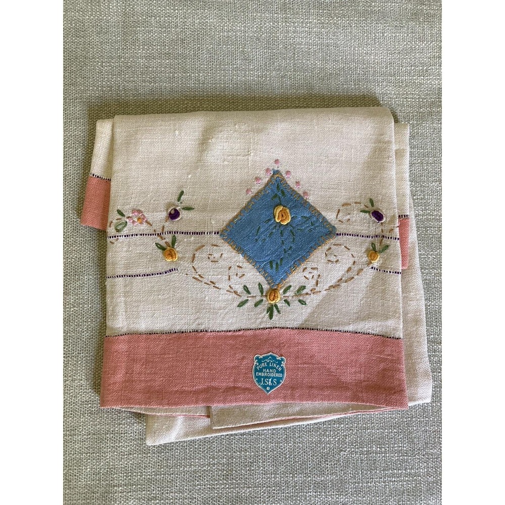 Vtg JS & S Pure Linen Hand Embroidered Tea Towel Pink Blue Floral Guest Towel